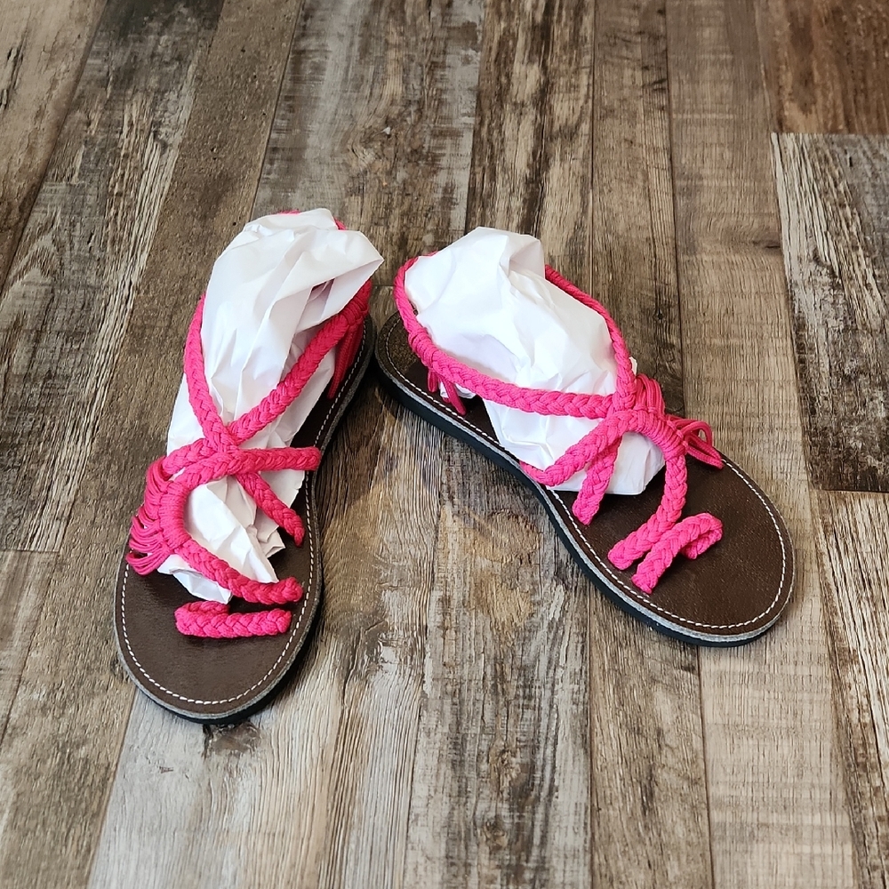 Handmade Pink Woven Rope Womens Sandals Size 9‎ Toe Strap Beach Boho Vacation
